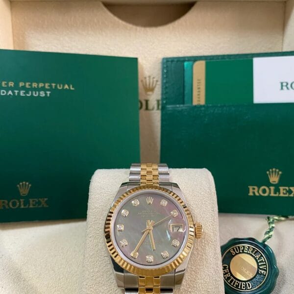 Rolex Yellow Gold Rolesor Datejust 31 - 2015 - Fluted Bezel - Black Mother of Pearl Diamond Dial - Jubilee Bracelet - 178273 *FULL SET*