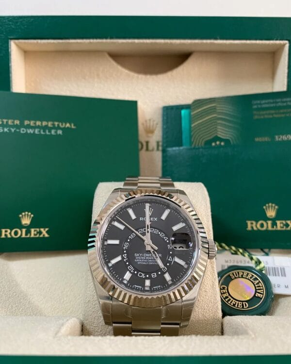 Rolex White Rolesor Sky-Dweller - 2021 - Black Index Dial - Oyster Bracelet - 326934 *FULL STICKERS*