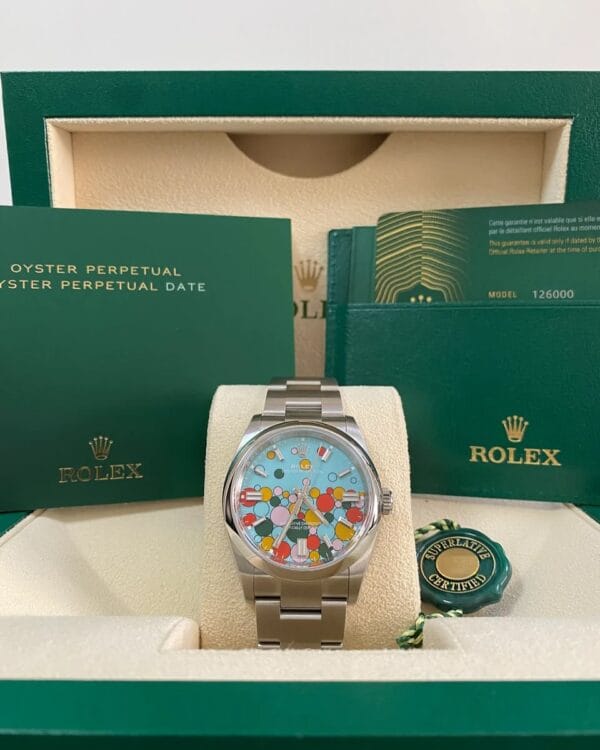 Rolex Oyster Perpetual 36 - 2024 - Domed Bezel - Turquoise Blue Celebration-Motif Dial - Oyster Bracelet - 126000 *FULL SET*