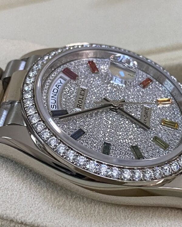 Rolex White Gold Day-Date 36 - 2024 - Diamond Bezel - Diamond Paved Rainbow Sapphire Dial - President Bracelet - 128349RBR *FULL SET* - Image 10