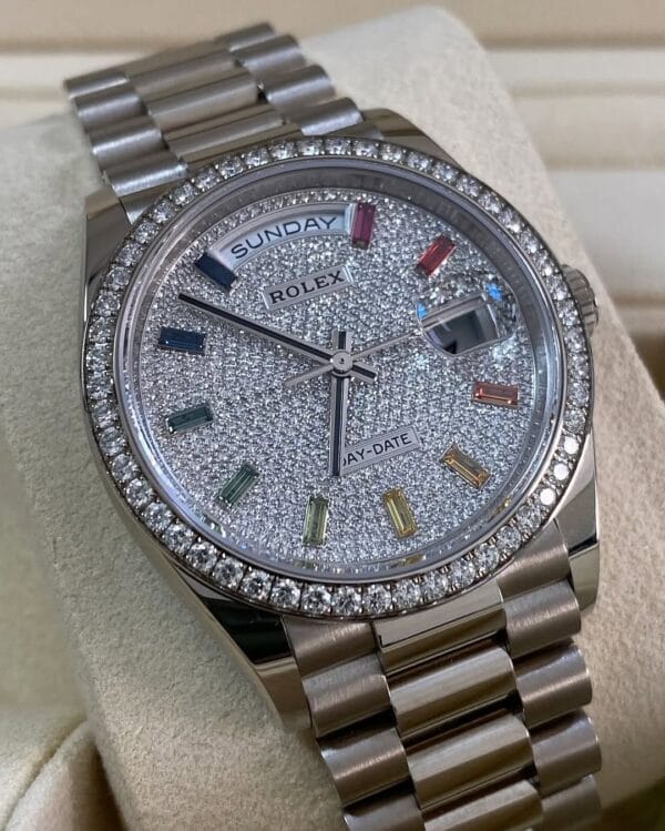 Rolex White Gold Day-Date 36 - 2024 - Diamond Bezel - Diamond Paved Rainbow Sapphire Dial - President Bracelet - 128349RBR *FULL SET* - Image 8
