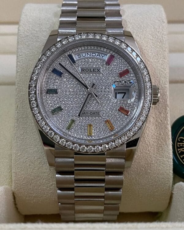 Rolex White Gold Day-Date 36 - 2024 - Diamond Bezel - Diamond Paved Rainbow Sapphire Dial - President Bracelet - 128349RBR *FULL SET* - Image 7