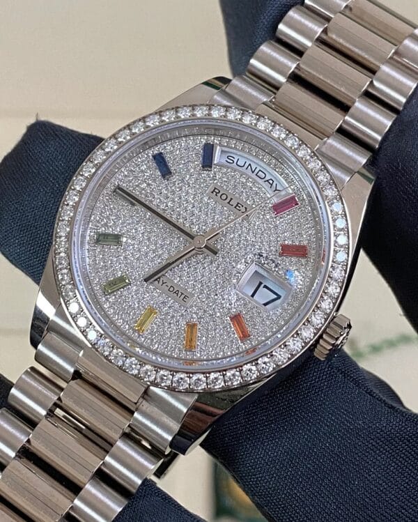 Rolex White Gold Day-Date 36 - 2024 - Diamond Bezel - Diamond Paved Rainbow Sapphire Dial - President Bracelet - 128349RBR *FULL SET* - Image 6