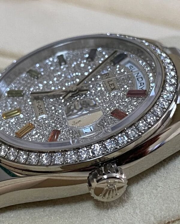 Rolex White Gold Day-Date 36 - 2024 - Diamond Bezel - Diamond Paved Rainbow Sapphire Dial - President Bracelet - 128349RBR *FULL SET* - Image 4
