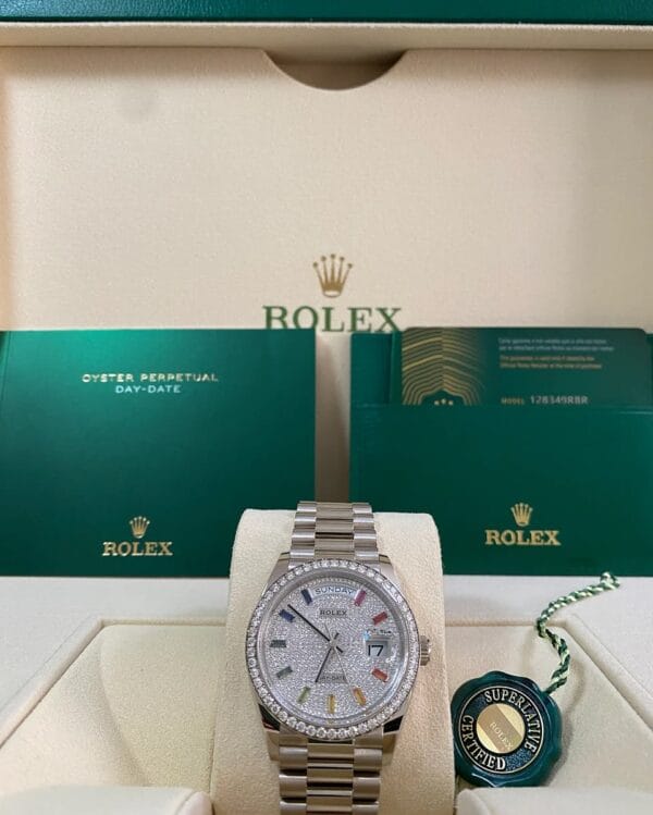 Rolex White Gold Day-Date 36 - 2024 - Diamond Bezel - Diamond Paved Rainbow Sapphire Dial - President Bracelet - 128349RBR *FULL SET*
