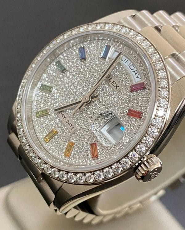 Rolex White Gold Day-Date 36 - 2024 - Diamond Bezel - Diamond Paved Rainbow Sapphire Dial - President Bracelet - 128349RBR *FULL SET* - Image 2
