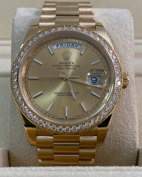 olex Yellow Gold Day-Date 40 - 2023 - Diamond-set Bezel - Champagne Dial - President Bracelet - 228348RBR *FULL SET* - Image 8