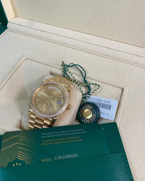 olex Yellow Gold Day-Date 40 - 2023 - Diamond-set Bezel - Champagne Dial - President Bracelet - 228348RBR *FULL SET* - Image 5