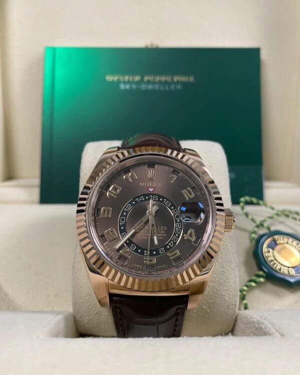 Rolex Everose Gold Sky-Dweller - Chocolate Dial - Leather Strap - 326135
