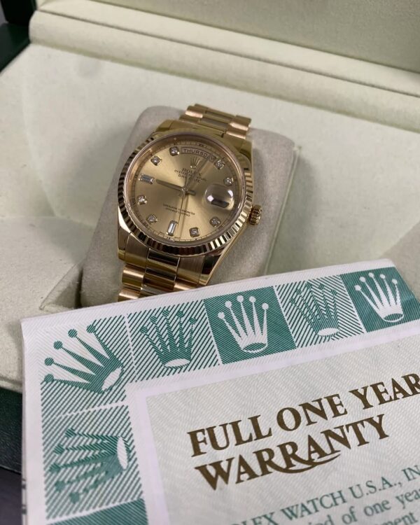 Rolex Yellow Gold Day-Date 36 - P serial - Fluted Bezel - Champagne Diamond Dial - President Bracelet - 118238 *FULL SET* - Image 13