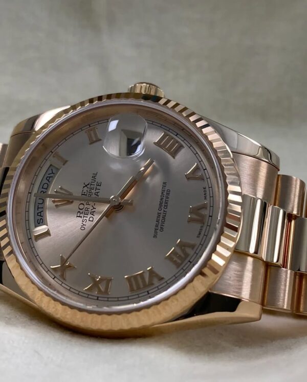 Rolex Everose Gold Day-Date 36 - P serial - Fluted Bezel - Pink Roman Dial - President Bracelet - 118235 *FULL SET* - Image 5