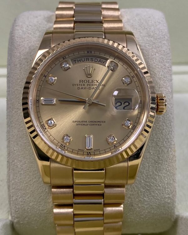 Rolex Yellow Gold Day-Date 36 - P serial - Fluted Bezel - Champagne Diamond Dial - President Bracelet - 118238 *FULL SET* - Image 12