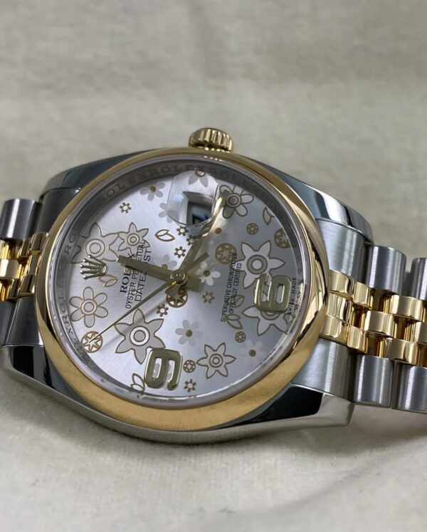 Rolex Steel & Yellow Gold Datejust 36 - 2010 - Domed Bezel - Factory Flower Dial - Jubilee Bracelet - 116203 - Image 8