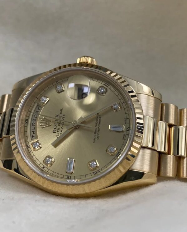 Rolex Yellow Gold Day-Date 36 - P serial - Fluted Bezel - Champagne Diamond Dial - President Bracelet - 118238 *FULL SET* - Image 8
