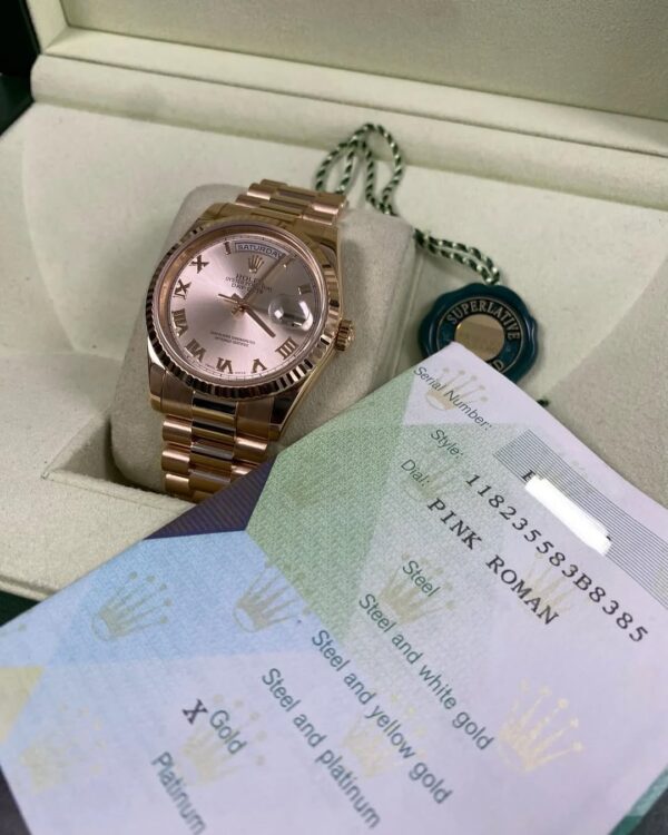 Rolex Everose Gold Day-Date 36 - P serial - Fluted Bezel - Pink Roman Dial - President Bracelet - 118235 *FULL SET* - Image 9