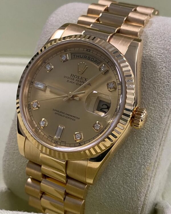 Rolex Yellow Gold Day-Date 36 - P serial - Fluted Bezel - Champagne Diamond Dial - President Bracelet - 118238 *FULL SET* - Image 6