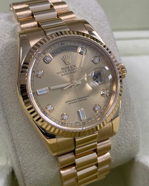Rolex Yellow Gold Day-Date 36 - P serial - Fluted Bezel - Champagne Diamond Dial - President Bracelet - 118238 *FULL SET* - Image 5