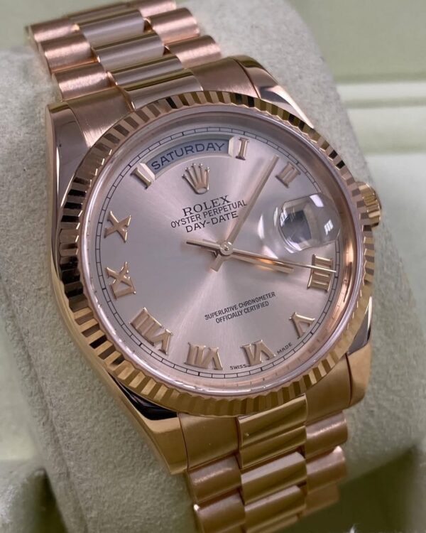 Rolex Everose Gold Day-Date 36 - P serial - Fluted Bezel - Pink Roman Dial - President Bracelet - 118235 *FULL SET* - Image 2