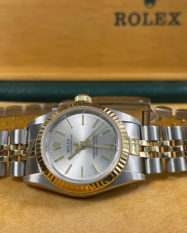 Rolex Steel & Yellow Oyster Perpetual Lady - A serial - Fluted Bezel - Silver Index Dial - Jubilee Bracelet - 76193 *Service Warranty Card* - Image 10