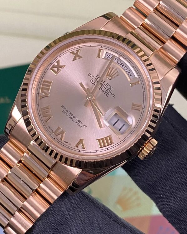 Rolex Everose Gold Day-Date 36 - P serial - Fluted Bezel - Pink Roman Dial - President Bracelet - 118235 *FULL SET* - Image 10