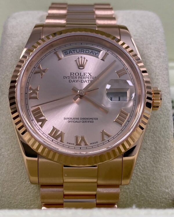 Rolex Everose Gold Day-Date 36 - P serial - Fluted Bezel - Pink Roman Dial - President Bracelet - 118235 *FULL SET* - Image 11