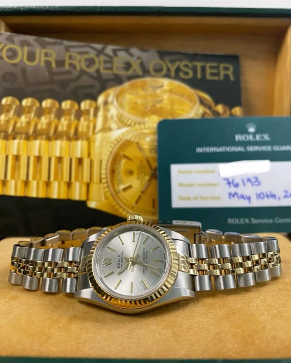 Rolex Steel & Yellow Oyster Perpetual Lady - A serial - Fluted Bezel - Silver Index Dial - Jubilee Bracelet - 76193 *Service Warranty Card*