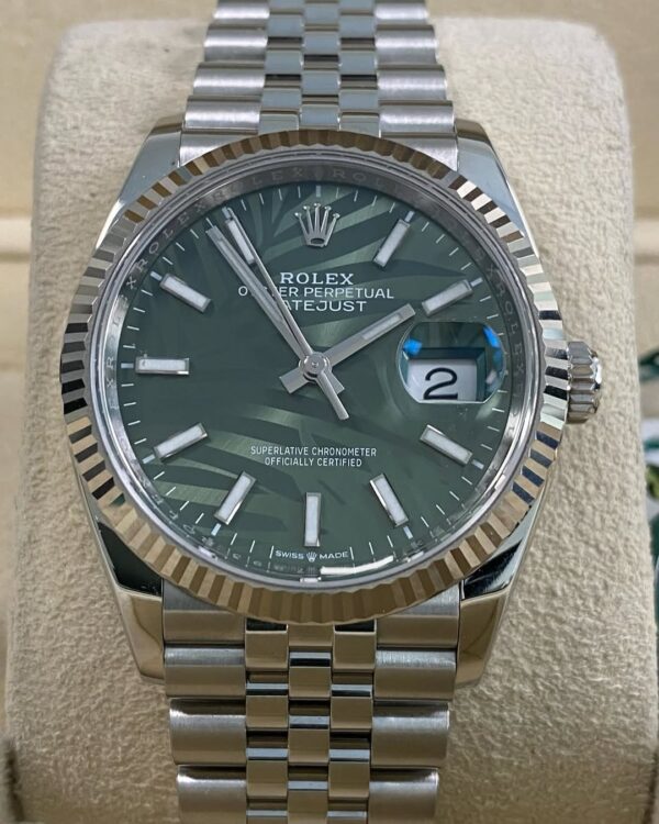 Rolex Steel Datejust 36 - 2022 - Fluted Bezel - Green Palm Motif Dial - Jubilee Bracelet - 126234 *FULL SET* - Image 14