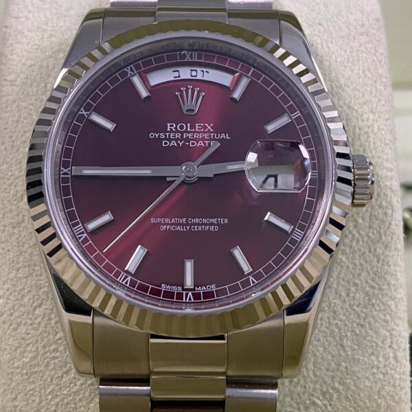 Rolex White Gold Day-Date 36 - 2007 - Fluted Bezel - Cherry Dial Hebrew Day Wheel - President Bracelet - 118239 *FULL SET* - Image 12