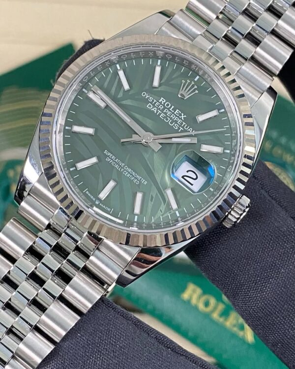 Rolex Steel Datejust 36 - 2022 - Fluted Bezel - Green Palm Motif Dial - Jubilee Bracelet - 126234 *FULL SET* - Image 12