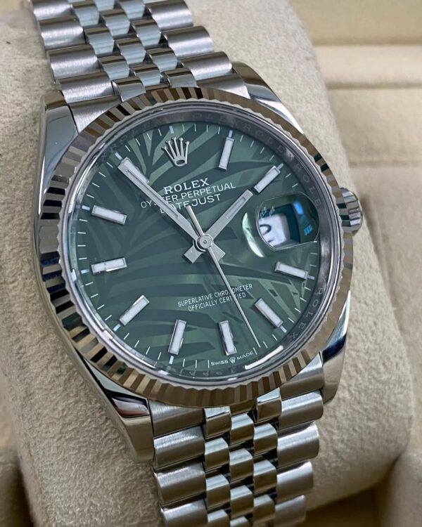 Rolex Steel Datejust 36 - 2022 - Fluted Bezel - Green Palm Motif Dial - Jubilee Bracelet - 126234 *FULL SET* - Image 11