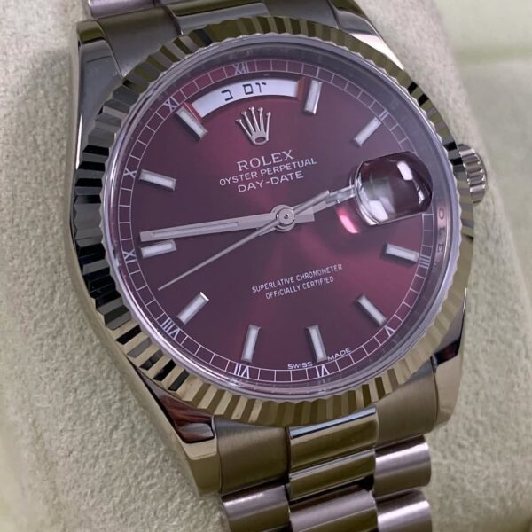 Rolex White Gold Day-Date 36 - 2007 - Fluted Bezel - Cherry Dial Hebrew Day Wheel - President Bracelet - 118239 *FULL SET* - Image 7