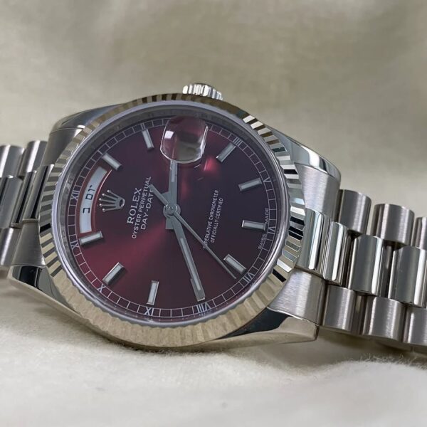 Rolex White Gold Day-Date 36 - 2007 - Fluted Bezel - Cherry Dial Hebrew Day Wheel - President Bracelet - 118239 *FULL SET* - Image 5