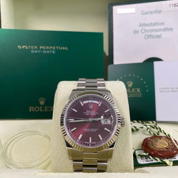 Rolex White Gold Day-Date 36 - 2007 - Fluted Bezel - Cherry Dial Hebrew Day Wheel - President Bracelet - 118239 *FULL SET*