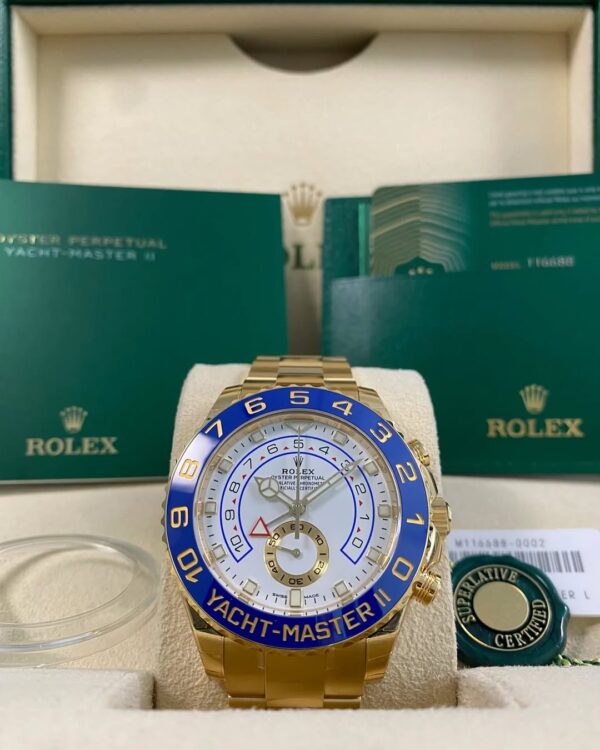 Rolex Yellow Gold Yacht-Master II - 2022 - White Dial - Blue Bezel - 116688 *FULL STICKERS*