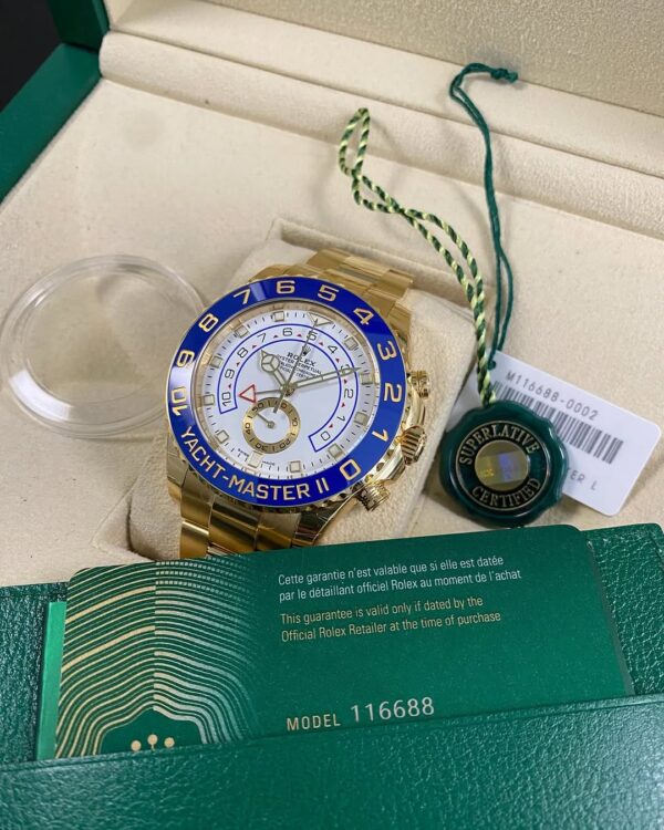 Rolex Yellow Gold Yacht-Master II - 2022 - White Dial - Blue Bezel - 116688 *FULL STICKERS* - Image 5