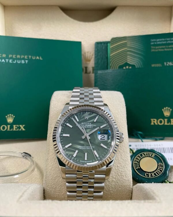 Rolex Steel Datejust 36 - 2022 - Fluted Bezel - Green Palm Motif Dial - Jubilee Bracelet - 126234 *FULL SET*
