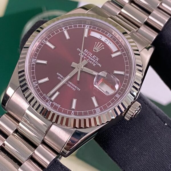 Rolex White Gold Day-Date 36 - 2007 - Fluted Bezel - Cherry Dial Hebrew Day Wheel - President Bracelet - 118239 *FULL SET* - Image 2